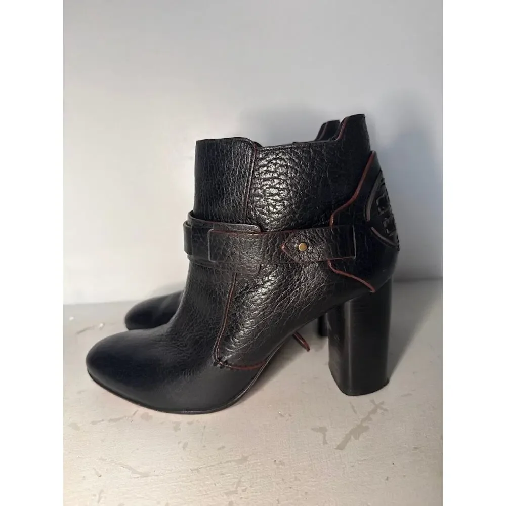 Tory Burch Dorese Black Pebbled Leather Ankle Booties Boots Block Heel Womens 7